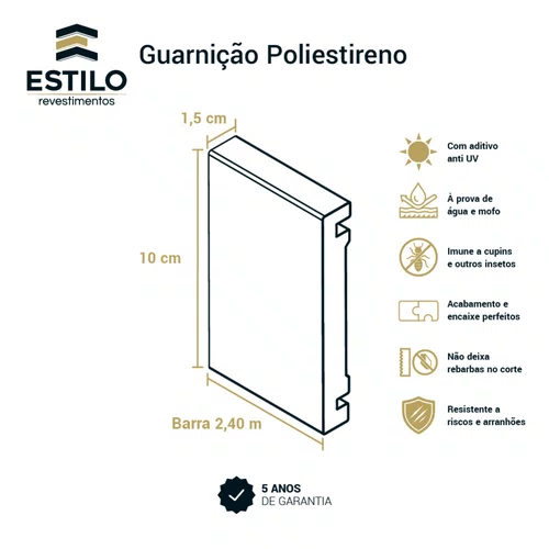 Guarnição Poliestireno Lisa Branco 07cm x 1,5cm Br 2,40m - Estilo Revestimentos