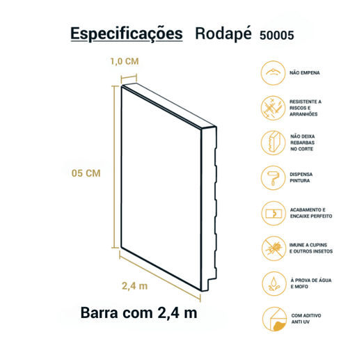 Rodapé Poliestireno Liso Slim Branco 05cm Br 2,40m - Arquitech 50005
