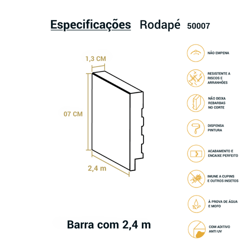 Rodapé Poliestireno Liso Branco 07cm Br 2,40m - Arquitech 50007
