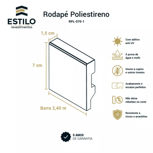Rodapé Poliestireno Liso Branco 07cm x 1,5cm Br 2,40m