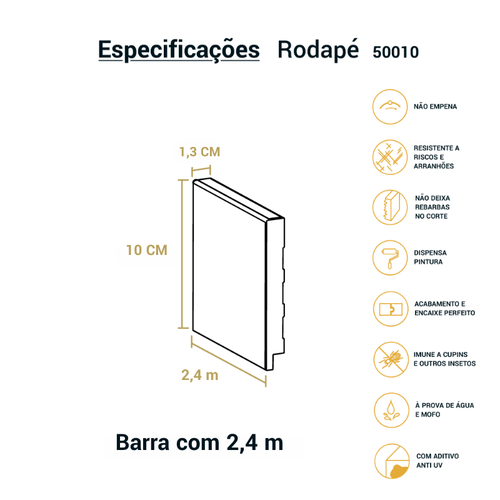 Rodapé Poliestireno Liso Branco 10cm Br 2,40m - Arquitech 50010