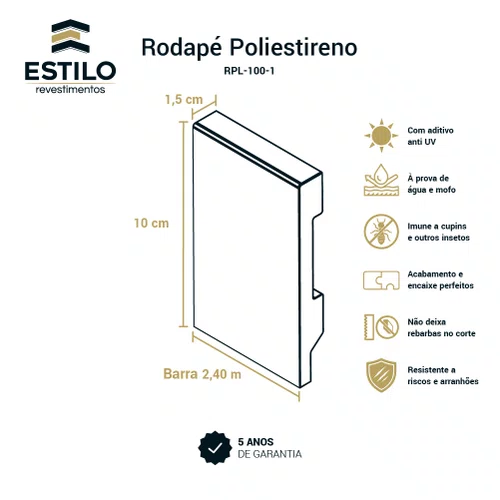 Rodape Poliestireno Liso Branco 10cm x 1,5cm Br 2,40m