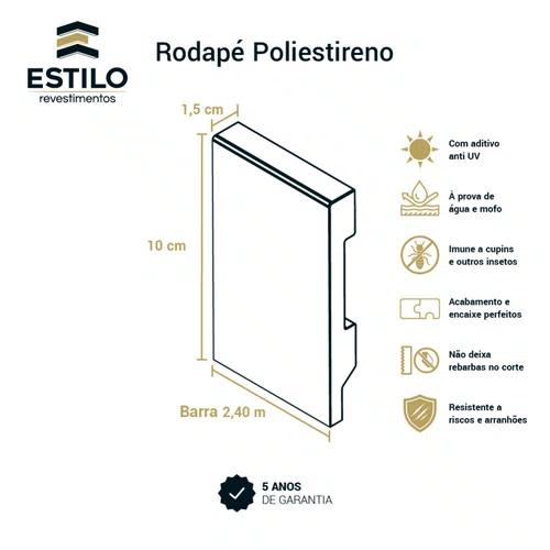 Rodapé Poliestireno Liso Branco 10cm x 1,5cm Br 2,40m
