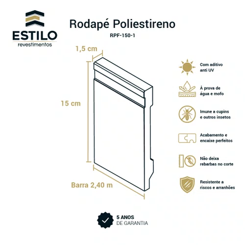 Rodape Poliestireno Liso Branco 15cm x 1,5cm Br 2,40m