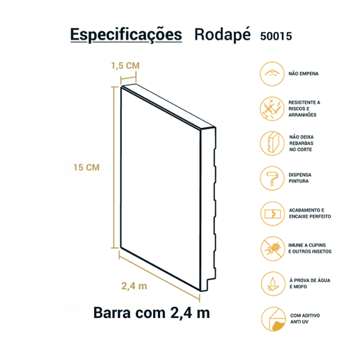 Rodapé Poliestireno Liso Cinza 15cm Br 2,40m - Arquitech 50015