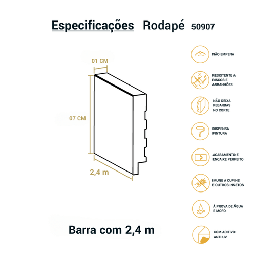 Rodapé Poliestireno Liso Slim Branco 07cm Br 2,40m - Arquitech 50907