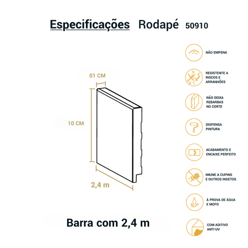 Rodapé Poliestireno Liso Slim Branco 10cm Br 2,40m - Arquitech 50910