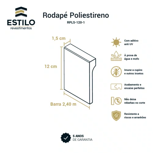 Rodape Poliestireno Liso Sobrepor Branco 12cm x 2cm Br 2,40m