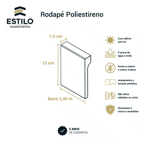 Rodapé Poliestireno Liso Sobrepor Branco 12cm x 2cm Br 2,40m