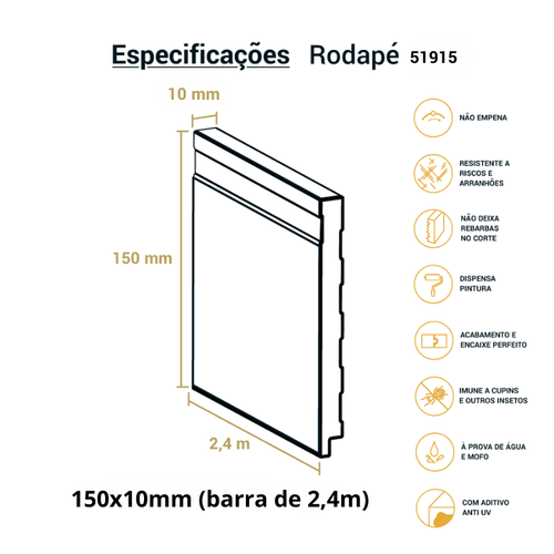 Rodapé Poliestireno Frisado Slim Branco 15cm Br 2,40m - Arquitech 51915