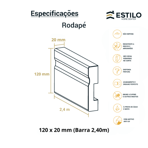 Rodapé Sobrepor Poliestireno Frisado 12cm - Br 2,40m