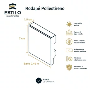 Rodapé Poliestireno Liso Preto 07cm x 1,5cm Br 2,40m - Estilo Revestimentos